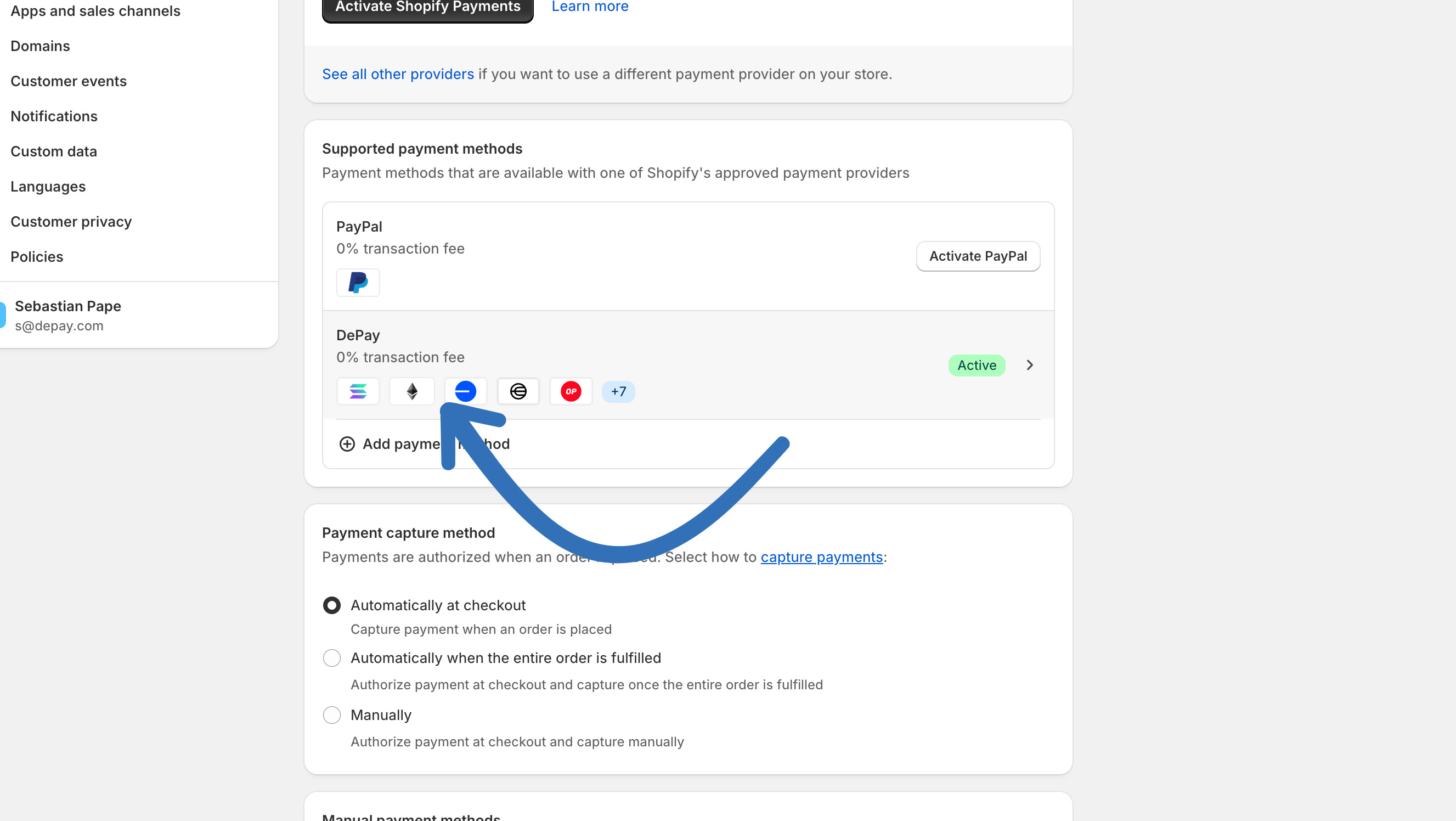 DePay Shopify Settings